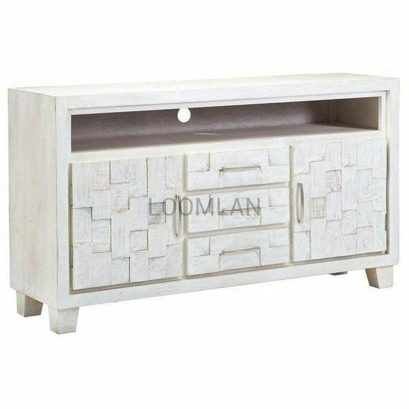 64" Mosaic White TV Stand Cabinet with 3 Drawers Hand Carved TV Stands & Media Centers LOOMLAN By LOOMLAN