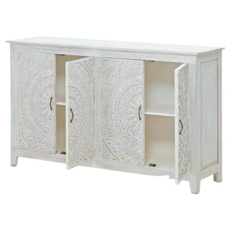 64" White Mandala 4 Door Credenza Boho Chic