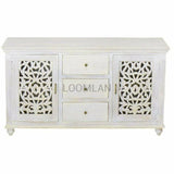 64" White bohemian sideboard with 3 drawers and carved doors Sideboards LOOMLAN By LOOMLAN