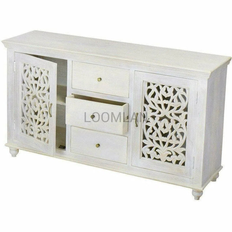 64" White bohemian sideboard with 3 drawers and carved doors Sideboards LOOMLAN By LOOMLAN