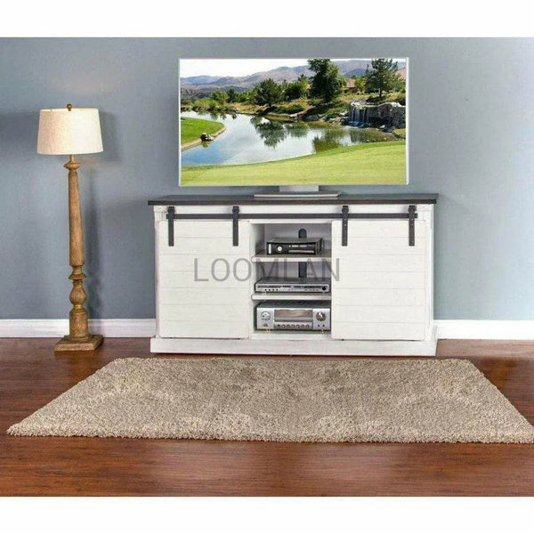 65" TV Stand Media Console Sliding Barn Doors White Farmhouse TV Stands & Media Centers LOOMLAN By Sunny D