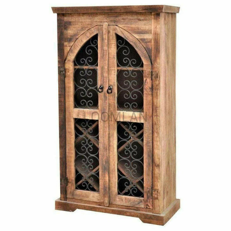 67" Rustic Wood Iron Filigree Door Wine Cabinet Bar Home Bar Cabinets LOOMLAN By LOOMLAN