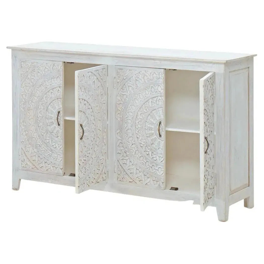 68" White Mandala 4 Door Credenza Boho Chic