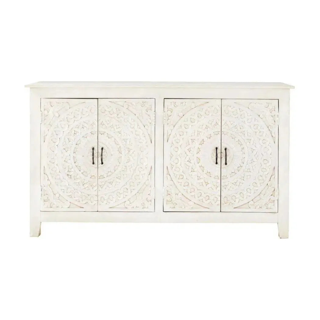 68" White Mandala 4 Door Credenza Boho Chic