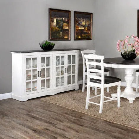 69" White Buffet Server With Windowpane Glass Doors Curio Cabinet-Sideboards-Sunny D-LOOMLAN