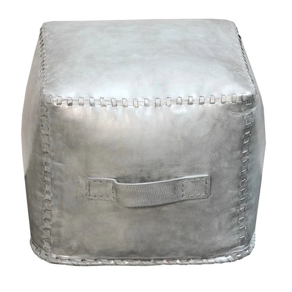 Square Silver Grey Leather Stool Ottoman Celeste