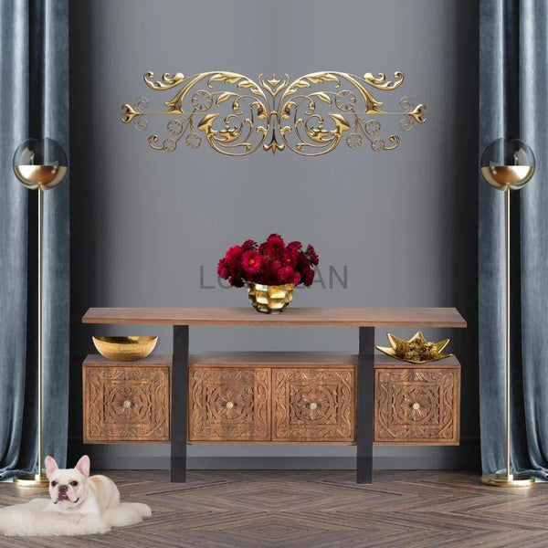 70" Bohemian Carved Wood Doors Boho Console Table Console Tables LOOMLAN By LOOMLAN