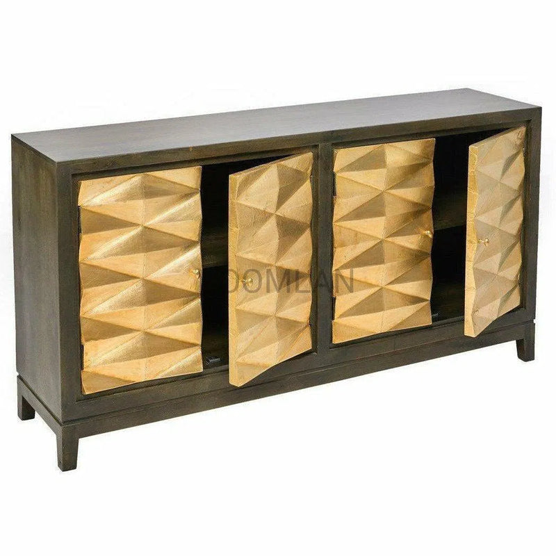 70" Gold Sideboard Geometric Pattern 4 Brass Doors Wood Base Sideboards LOOMLAN By LOOMLAN