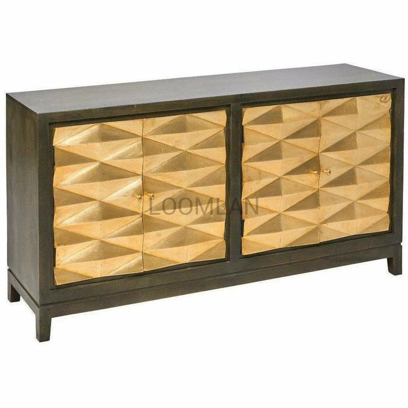 70" Gold Sideboard Geometric Pattern 4 Brass Doors Wood Base Sideboards LOOMLAN By LOOMLAN