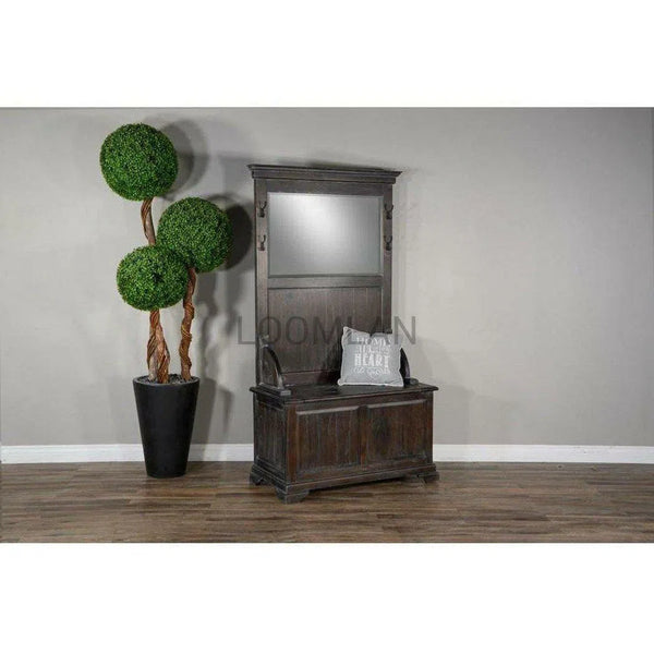 77" Wide Distressed Black Entryway Bench Hall Tree With Mirror Hall Trees & Lockers LOOMLAN By Sunny D