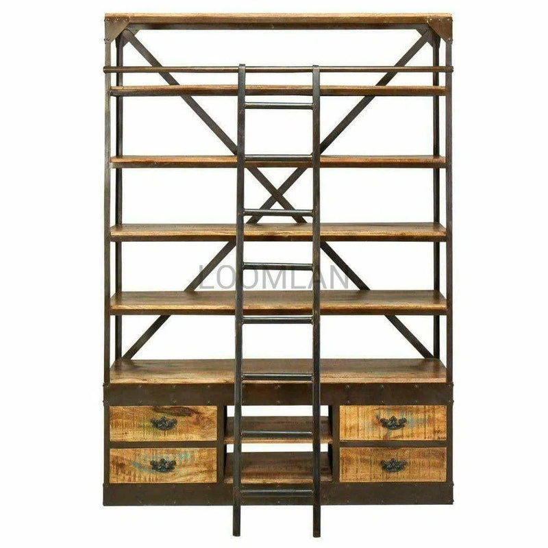 80x63" Industrial Mobile Library Bookcase with Ladder Bookcases LOOMLAN By LOOMLAN