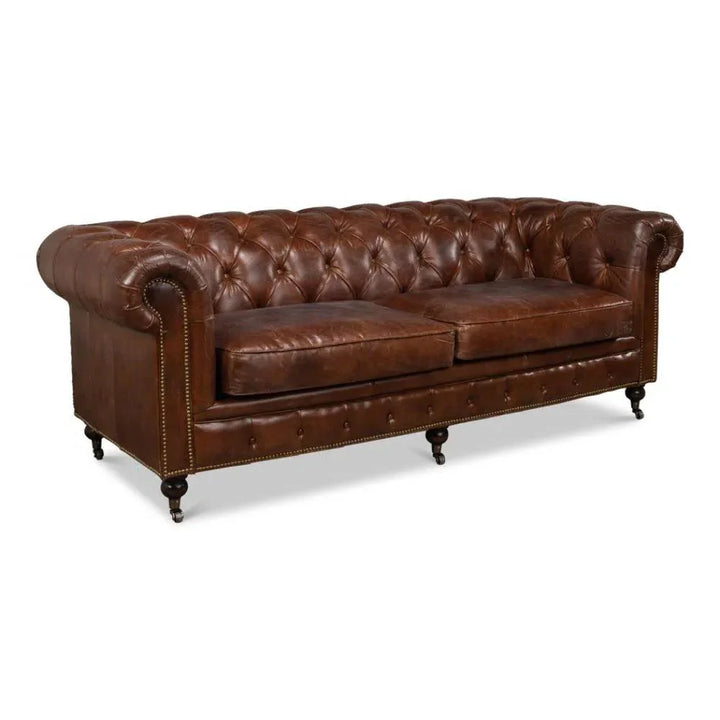 Castered Chesterfield Leather Sofa 89" - LOOMLAN - Sarreid - Sofas & Loveseats