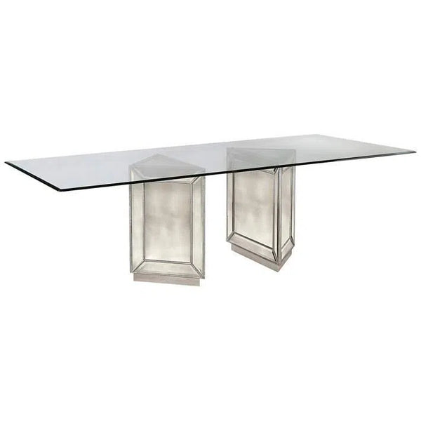 96" Glass Top Mirrored Double Pedestal Dining Table Dining Tables LOOMLAN By Bassett Mirror