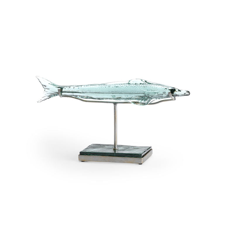 Flying Fish Green Glass On Iron Stand Sculpture