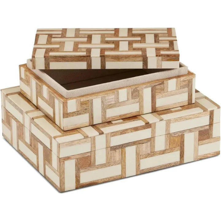 Aarna Composite and Wood Cream Box 2PC - LOOMLAN - Currey & Co - Boxes & Bowls