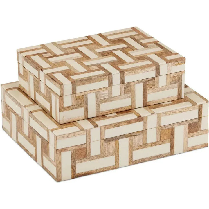 Aarna Composite and Wood Cream Box 2PC - LOOMLAN - Currey & Co - Boxes & Bowls