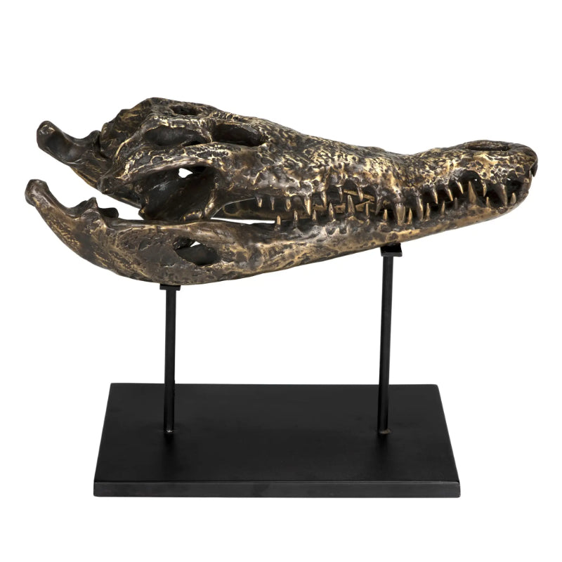 Alligator On Stand Antique Brass Large Sculpture-Statues & Sculptures-Noir-LOOMLAN
