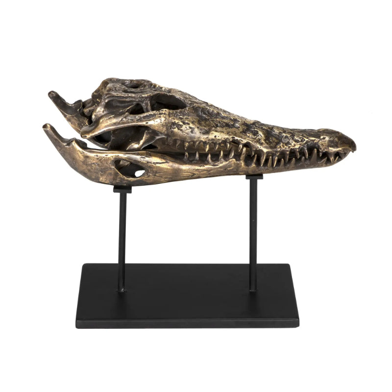 Alligator On Stand Antique Brass Medium Sculpture-Statues & Sculptures-Noir-LOOMLAN