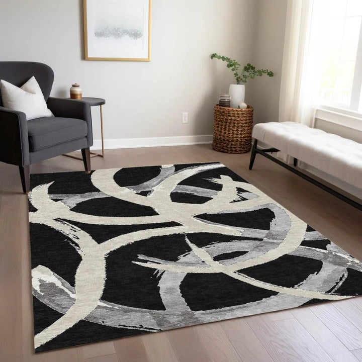 Aloura Black Washable Indoor-Outdoor Rug-Outdoor Rugs-LOOMLAN Rugs-LOOMLAN