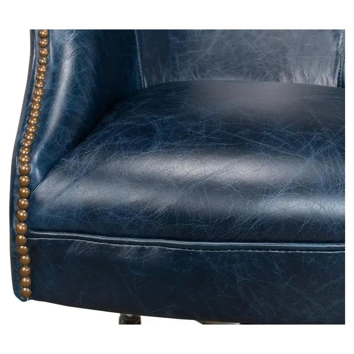 Andrew Jackson Swivel Blue Leather Desk Chair Chateau-Office Chairs-Sarreid-LOOMLAN