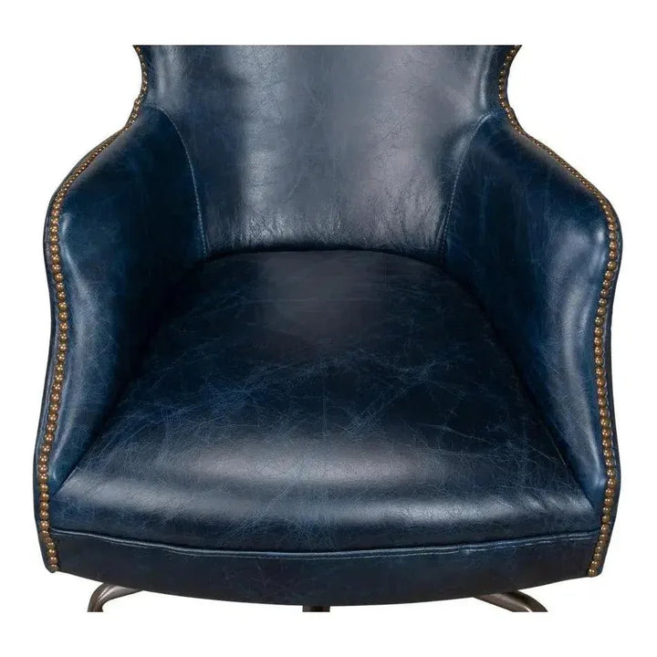 Andrew Jackson Swivel Blue Leather Desk Chair Chateau-Office Chairs-Sarreid-LOOMLAN