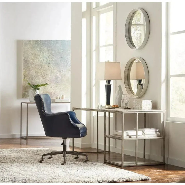 Andrew Jackson Swivel Blue Leather Desk Chair Chateau-Office Chairs-Sarreid-LOOMLAN