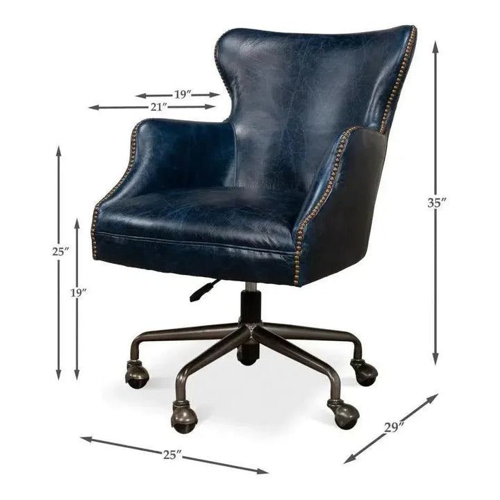 Andrew Jackson Swivel Blue Leather Desk Chair Chateau-Office Chairs-Sarreid-LOOMLAN