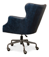 Andrew Jackson Swivel Blue Leather Desk Chair Chateau-Office Chairs-Sarreid-LOOMLAN