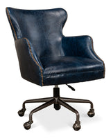 Andrew Jackson Swivel Blue Leather Desk Chair Chateau-Office Chairs-Sarreid-LOOMLAN