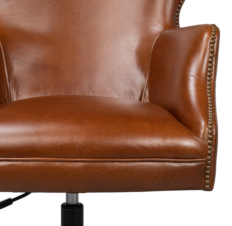 Andrew Jackson Swivel Brown Leather Desk Chair Havana Leather-Office Chairs-Sarreid-LOOMLAN