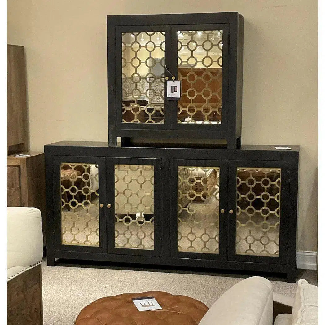 Antiqued Black 2 Glass Doors Honeycomb Cabinet