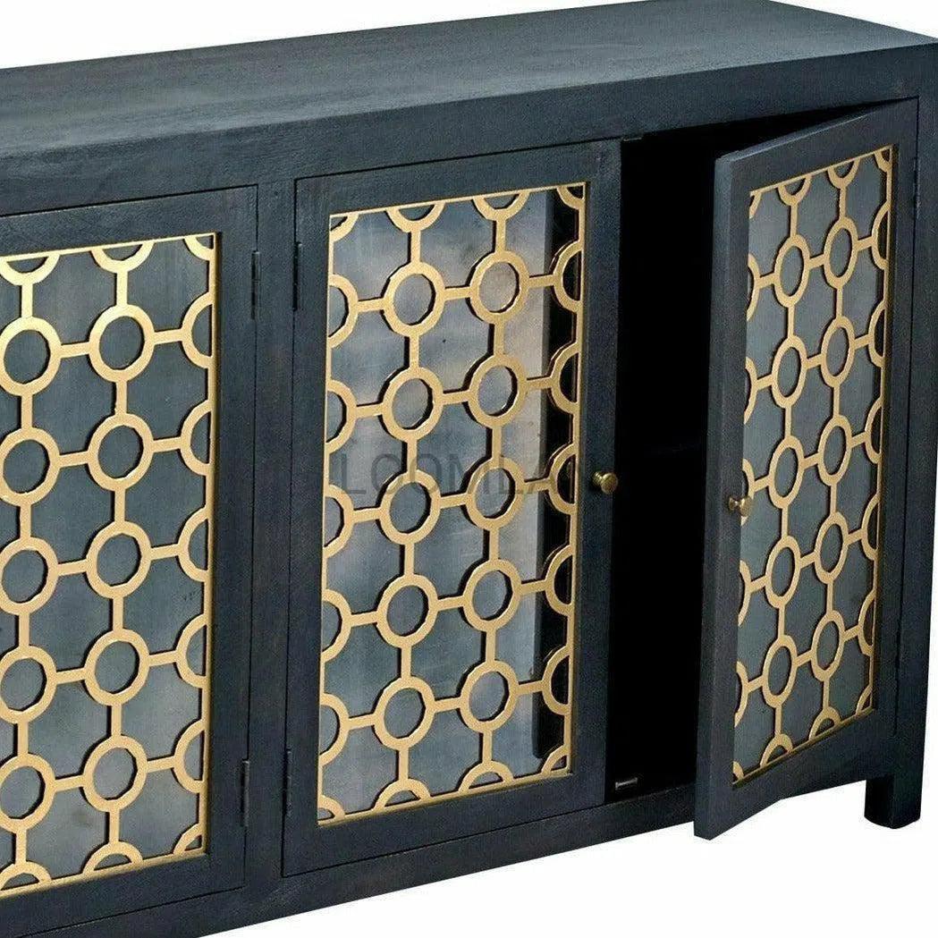 Antiqued Black 2 Glass Doors Honeycomb Cabinet