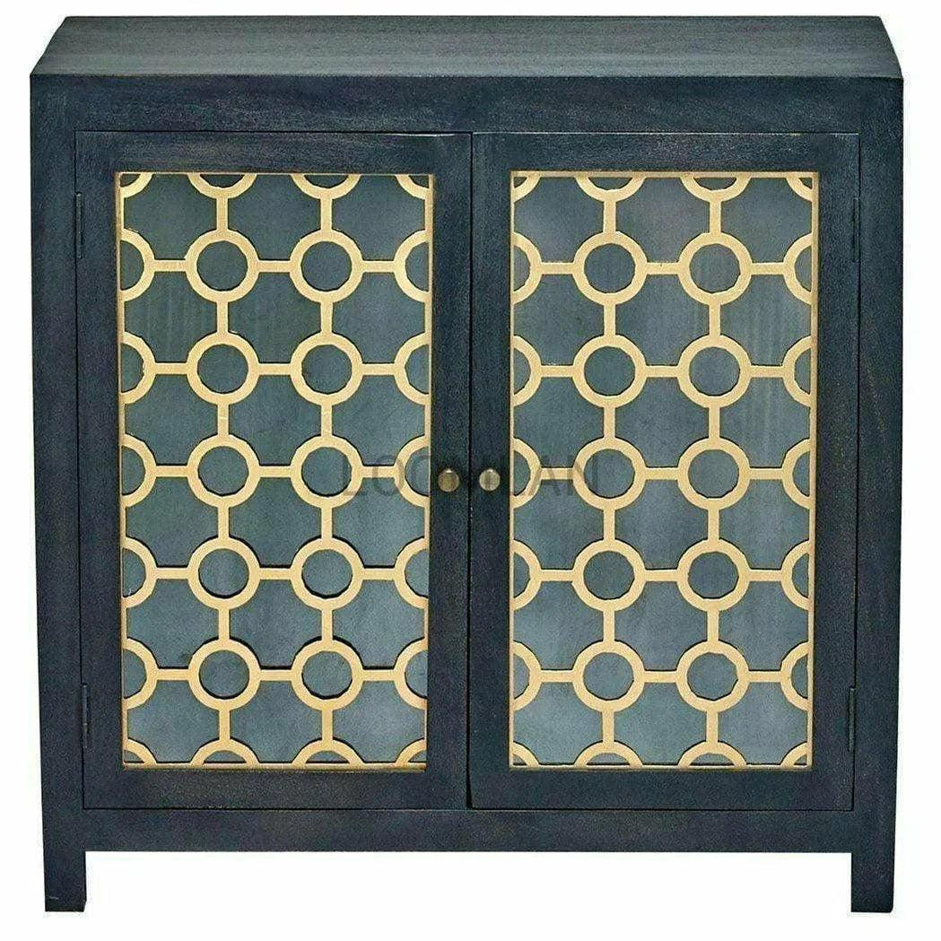 Antiqued Black 2 Glass Doors Honeycomb Cabinet