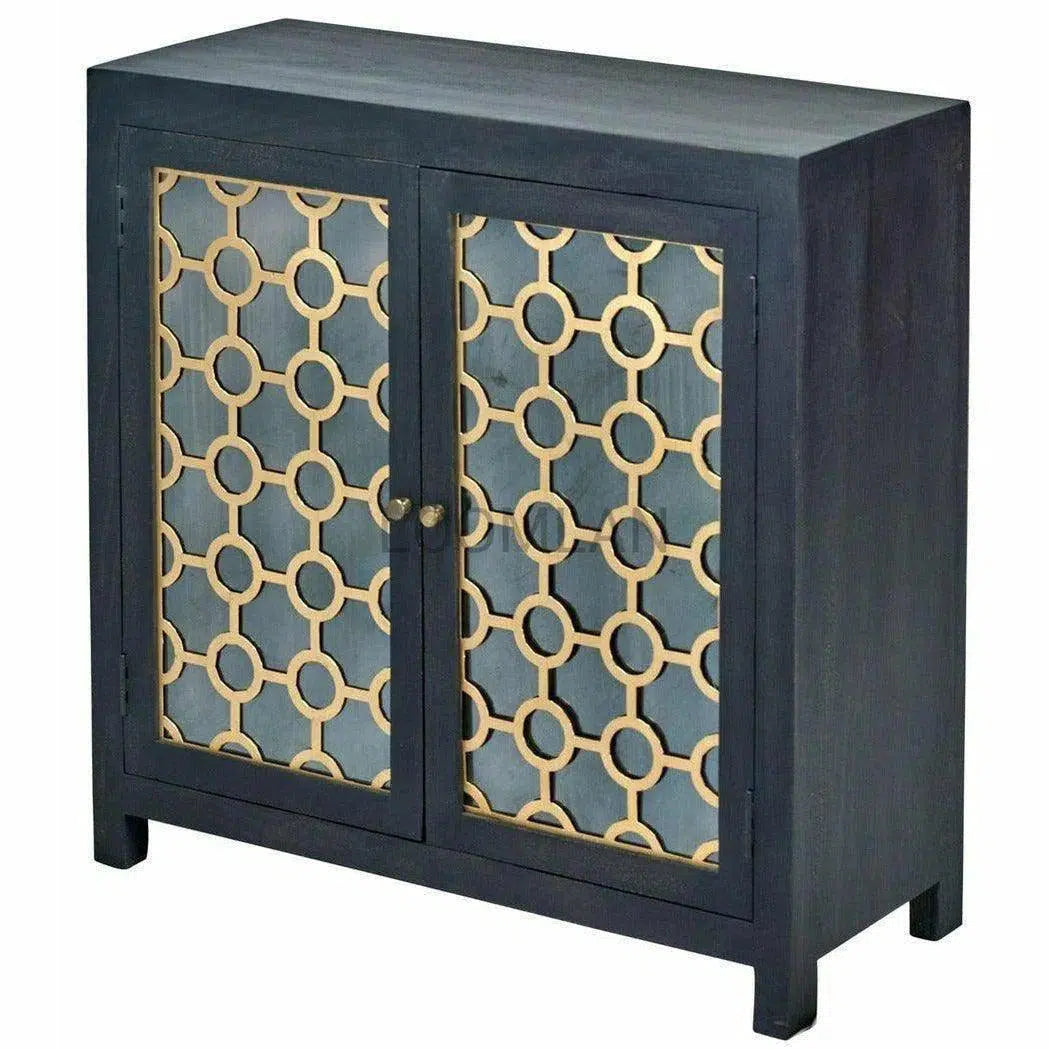 Antiqued Black 2 Glass Doors Honeycomb Cabinet