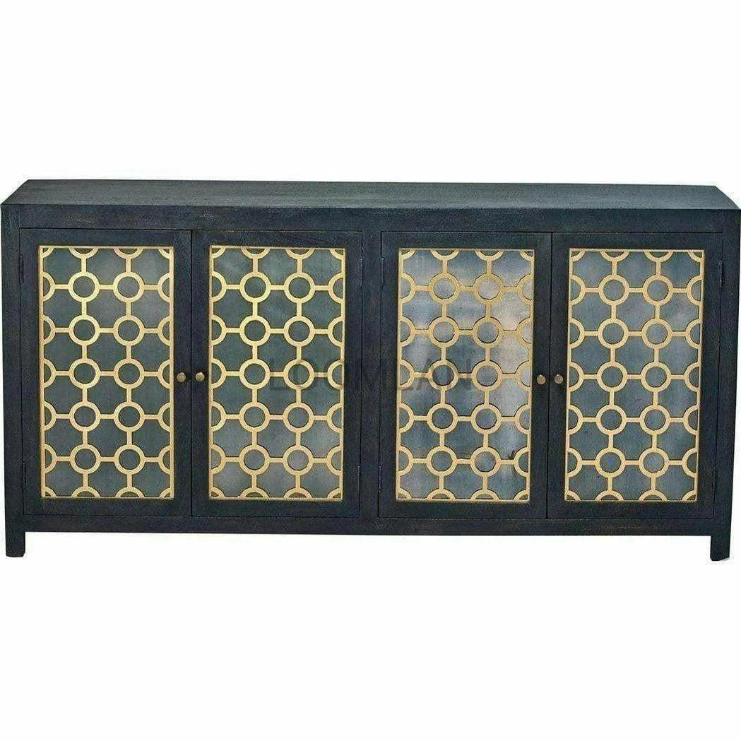 Antiqued Black 4 Glass Doors Honeycomb Sideboard