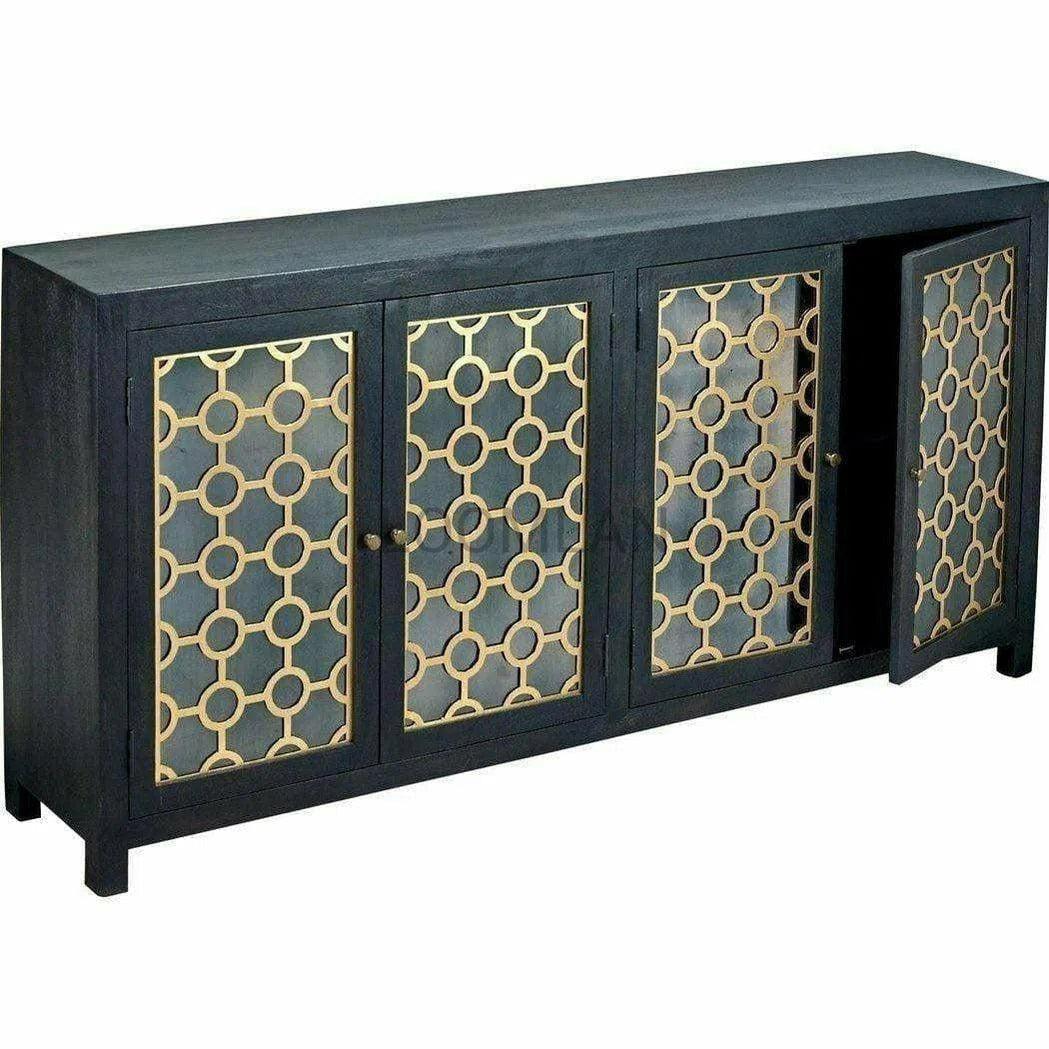 Antiqued Black 4 Glass Doors Honeycomb Sideboard