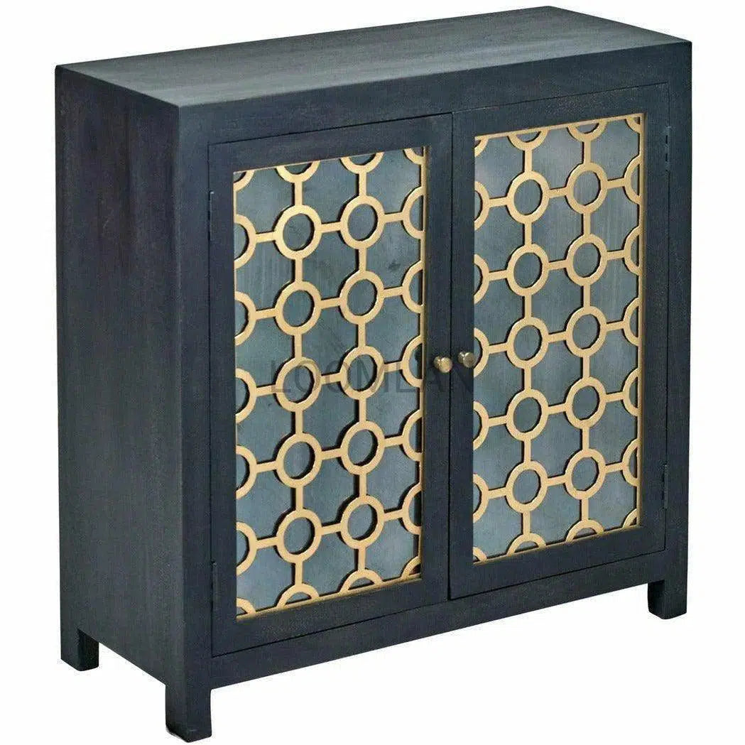 Antiqued Black 4 Glass Doors Honeycomb Sideboard