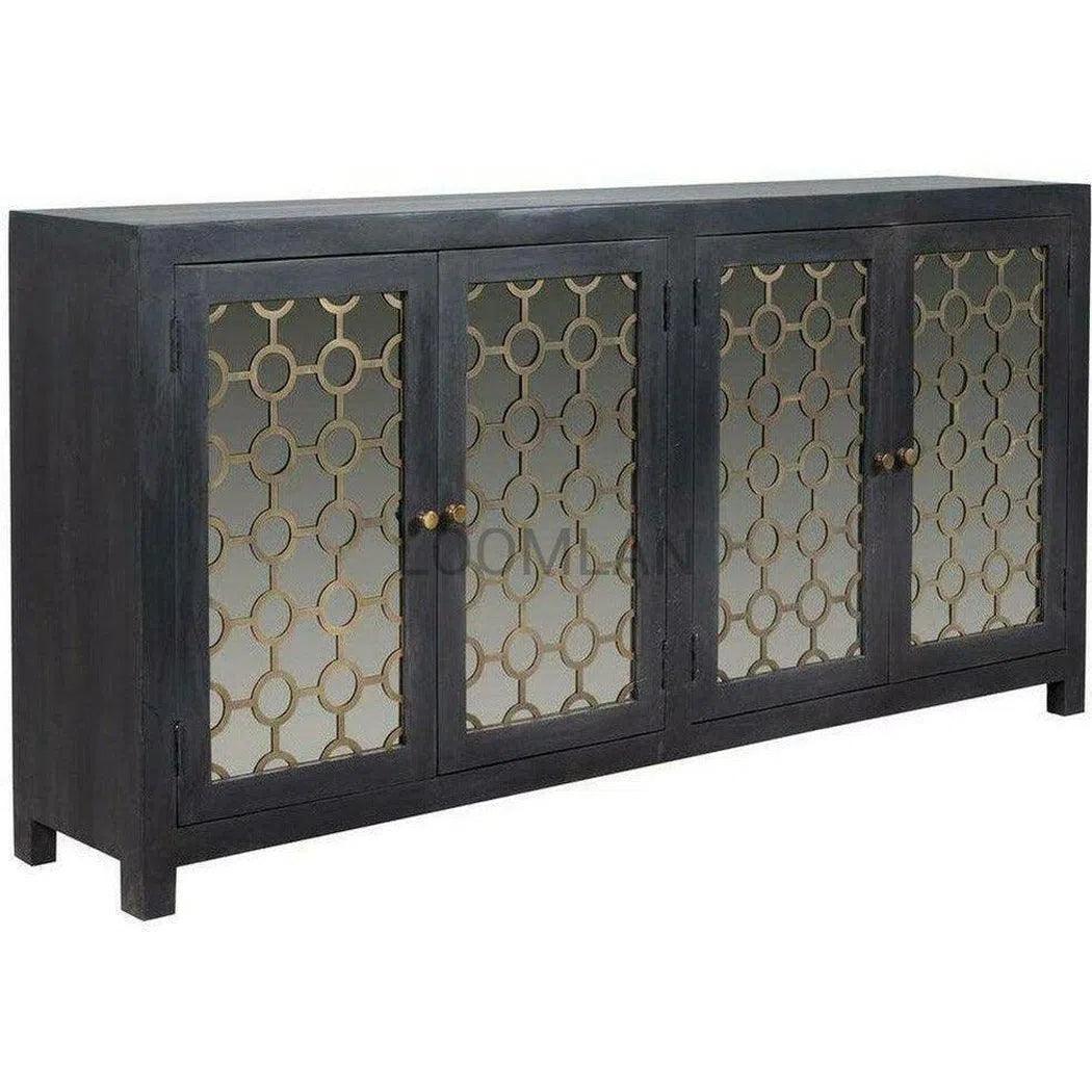 Antiqued Black 4 Glass Doors Honeycomb Sideboard