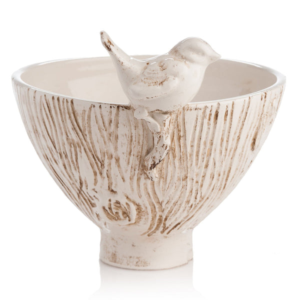Artisan-Crafted White Ceramic Bowl with Bird
