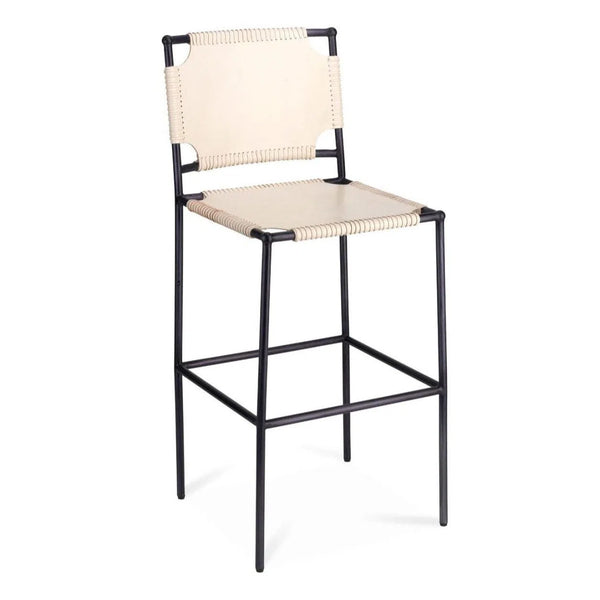 Asher White Full Grain Leather Bar Stool With Back Bar Stools LOOMLAN By Jamie Young