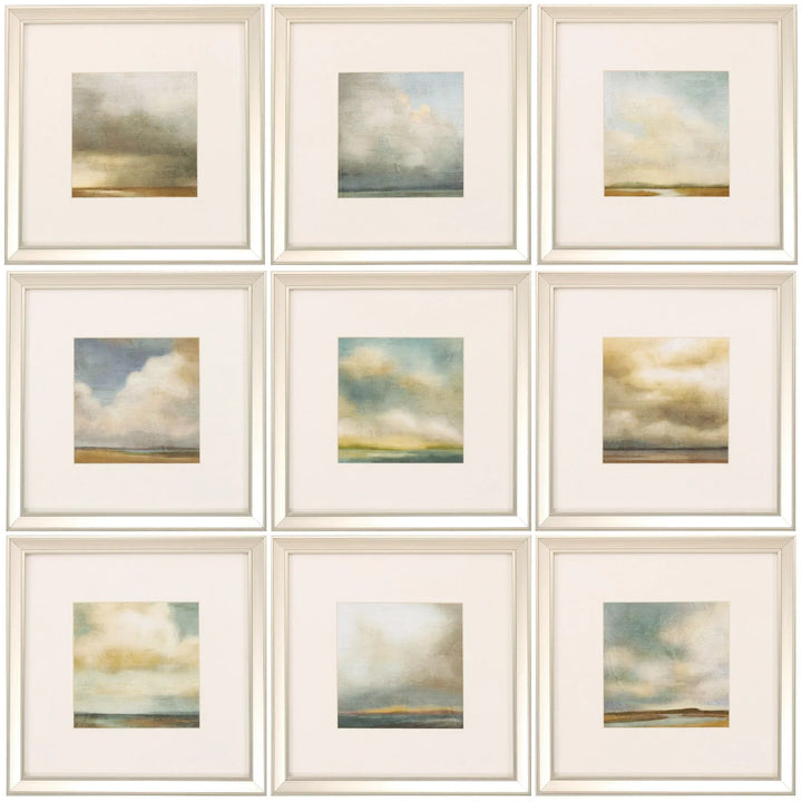 Set of nine framed landscape paintings with clouds and natural scenery.