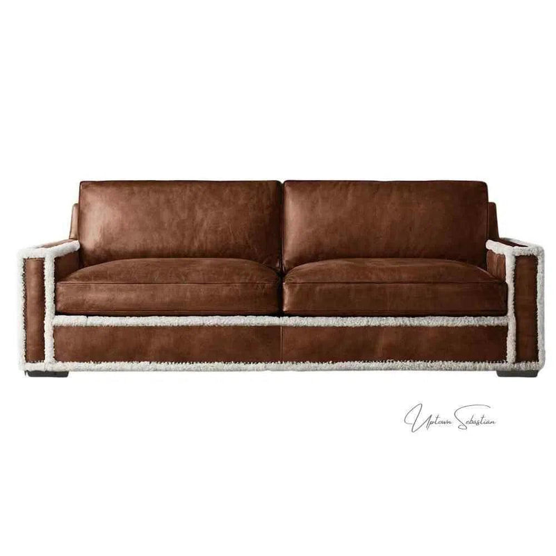 Austin Brown Benchmade Leather Couch With Shearing Trim Sofas & Loveseats LOOMLAN By Uptown Sebastian