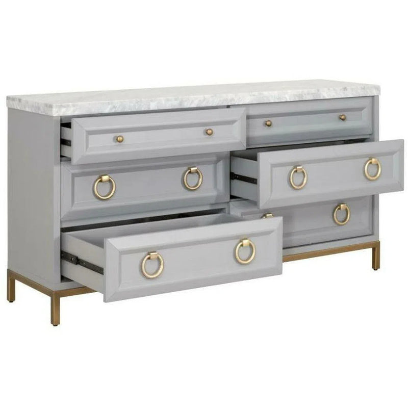 Azure Carrera 6-Drawer Double Dresser Dove Gray White Marble Dressers LOOMLAN By Essentials For Living