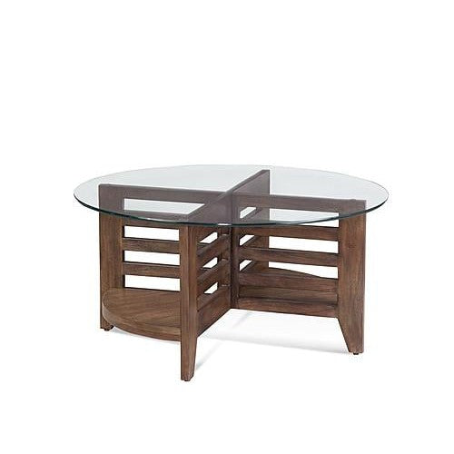 Davi Wood and Clear Glass Brown Round Cocktail Table