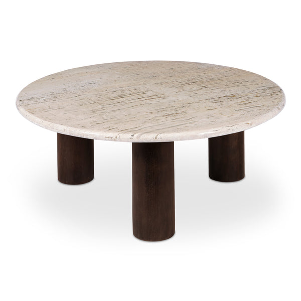 Landon Travertine and Mango Wood Beige Round Coffee Table