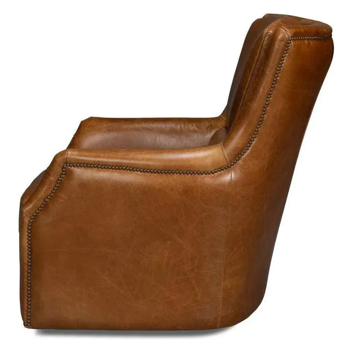 Baker Wood & Leather Brown Swivel Arm Chair - LOOMLAN - Sarreid - Club Chairs
