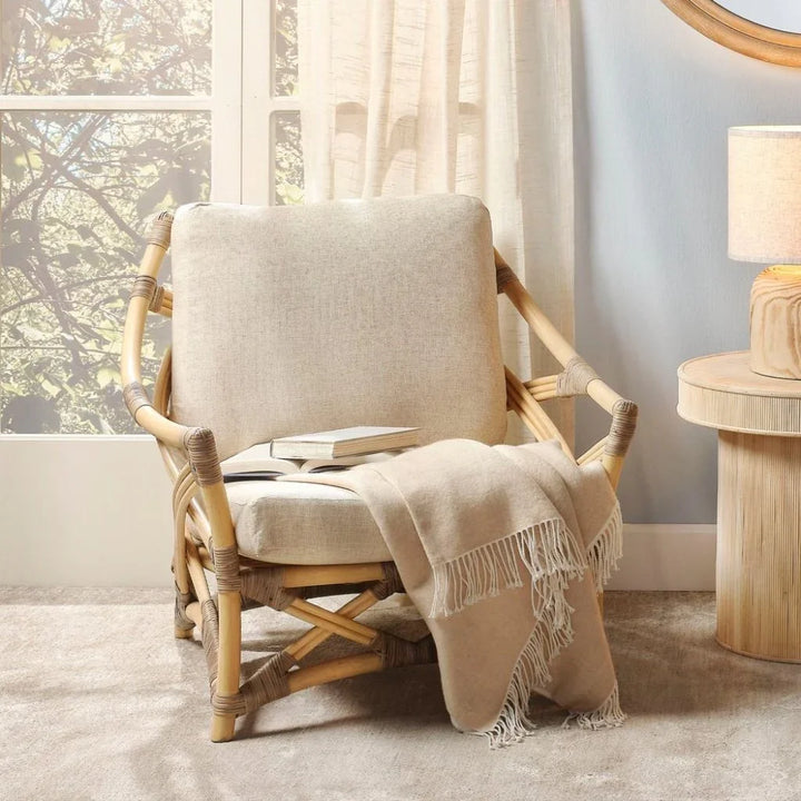 Grey Rattan & White Muslin Lounge Chair | LOOMLAN