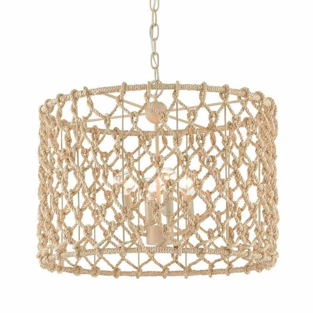 Beige Wood Natural Rope Chesapeake Drum Chandelier