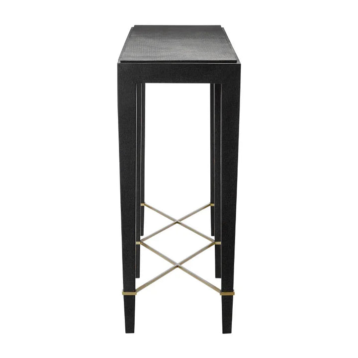 Black Lacquered Linen Verona Black Console Table - LOOMLAN - Currey & Co - Console Tables