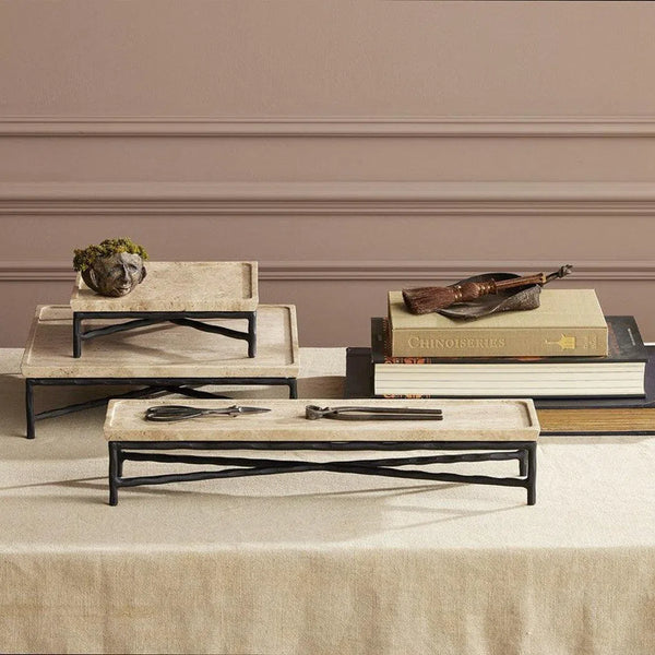 Black Natural Boyles Travertine Elongated Tray Trays LOOMLAN By Currey & Co